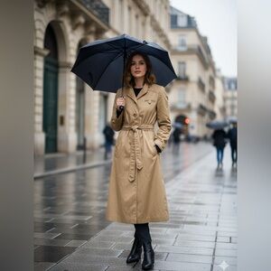 Utex Beige Trench Coat Women’s Sz5/6 Belted Long Coat with Hood Made in Romania